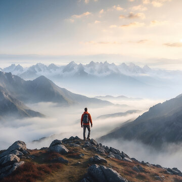This captivating image captures a lone hiker at the summit of a majestic mountain. Dressed for adventure with a backpack, the hiker stands with their back to us, gazing out at the sprawling mountain r
