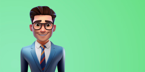 3d businessman. Smiling guy in strict office suit, cartoon render character, bank employee and manager, financial sphere, vector banner