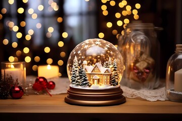 Fototapeta na wymiar Chrismas decorations on a wooden table. Chrismas ball on a blurred background