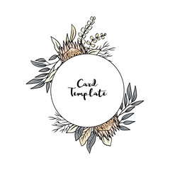 Hand drawn colorful line art tropical protea flower round frame. Floral wreath greeting card template