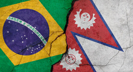 Brazil and Nepal flags, concrete wall texture with cracks, grunge background, military conflict concept