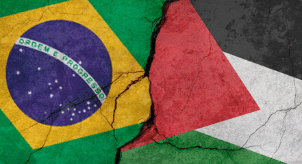 Flags of Brazil and Palestine texture of concrete wall with cracks, grunge background, military conflict concept