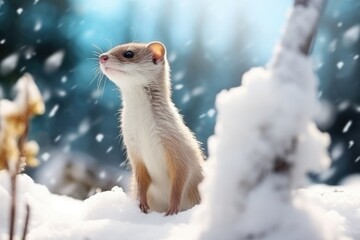 Weasel stand in wild in Winter forest with snow.