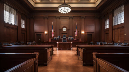 American courtroom. justice and law. chairs and judge table - obrazy, fototapety, plakaty