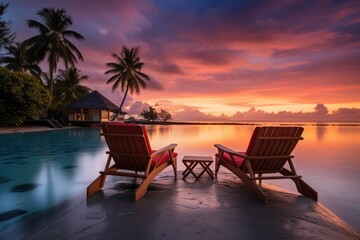 Fototapeta premium Beach chair at sunset in luxury resort with beautiful seascape on beach. Summer tropical vacation concept.