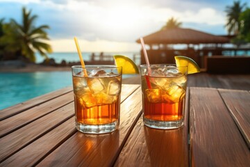 Cocktail wine glasses in luxury resort with beautiful seascape on beach. Summer tropical vacation concept.