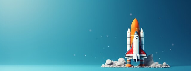 A toy rocket on a blue background, suitable for use as a banner. Space shuttle. rocket launch