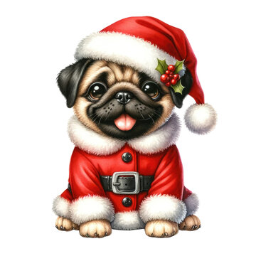 Cute Watercolor Merry Christmas Santa Dog Puppy Clipart Decoration