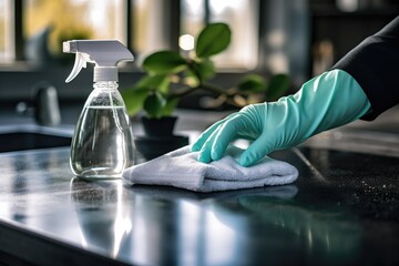 Woman hand cleaning the surface of a table with a cleaning cloth at home, Disinfectant spray bottle washing surfaces with towel and gloves.