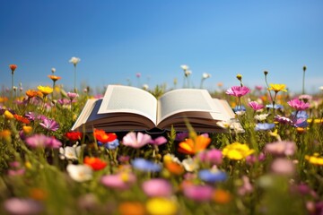 An opened book in wild flower field in wild with variable colors in Spring. Spring seasonal concept. - obrazy, fototapety, plakaty