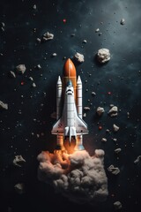 Rocket starting to fly. Suitable for use as a banner. Space shuttle. rocket launch