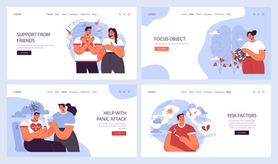 Obraz na płótnie Canvas Panic attack web banner or landing page set. Mental health disorder. Phobia, frustration and constant stress. Psychotherapy and emotional support idea. Flat vector illustration