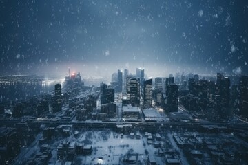 City building covered by heavy snow in storm in Winter. Winter seasonal concept.