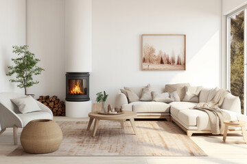 Fototapeta na wymiar Large light living room with fireplace, contemporary with sofa and coffee table in earthy tones
