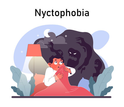 Nyctophobia. Human's irrational inner fears and panic. Mental disorder, feeling of threat and danger. Psychology and mental therapy. Flat vector illustration