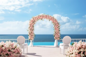 Beautiful lovely ceremony decoration of a beach wedding with blue sea background. Summer tropical vacation concept. - obrazy, fototapety, plakaty