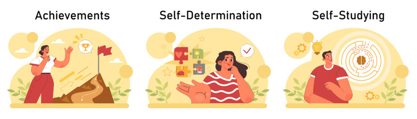 Positive psychology set. Positive thinking and attitude. Optimistic mindset, self acceptance and well-being. Young woman working on her mental health. Flat vector illustration