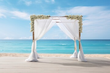 Fototapeta na wymiar Beautiful lovely ceremony decoration of a beach wedding with blue sea background. Summer tropical vacation concept.