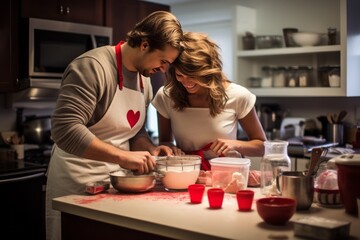 Valentine's Day: A kitchen scene where an adult couple comes together to bake and savor the joy of the process - obrazy, fototapety, plakaty