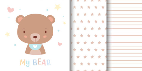Greeting card with cute bear and children's pattern companion. Seamless pattern included in swatch panel. 