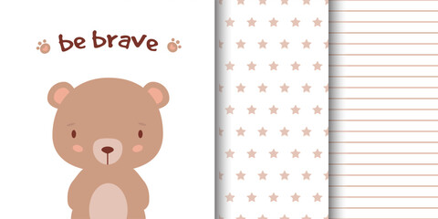 Greeting card with cute bear and children's pattern companion. Seamless pattern included in swatch panel. 