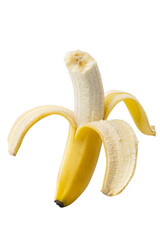 half peeled banana with a bite isolated on white background.  © zhane luk
