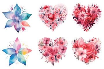 Watercolor love shape floral design set, watercolor flower love vector
