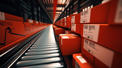 Box on conveyor roller. Delivery service, distribution warehouse and parcels transportation system.