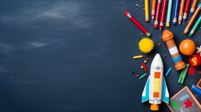 Toy rockets and drawings on chalkboard with space reserved for text. back to school. Banner