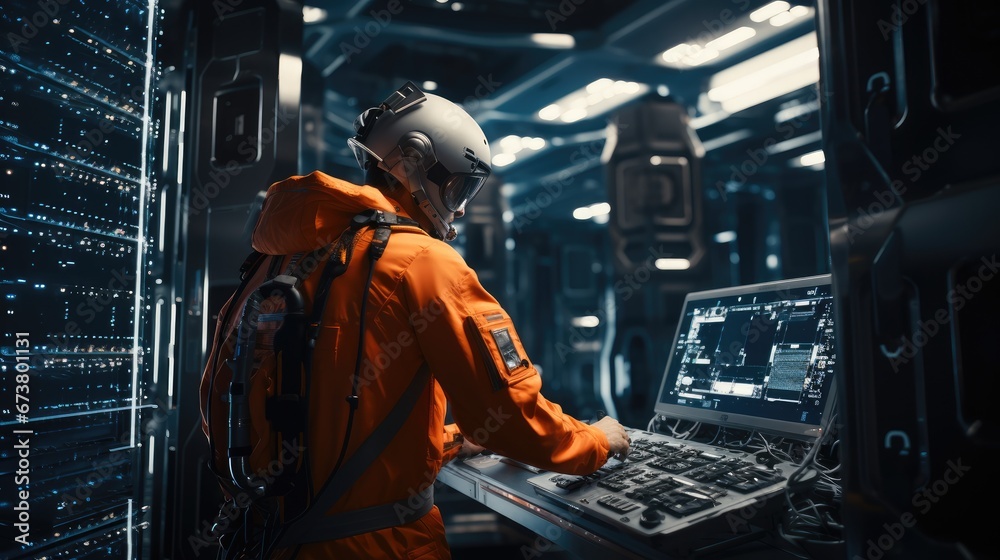 Fototapete an astronaut doing a data center server rack maintenance, floating in space.