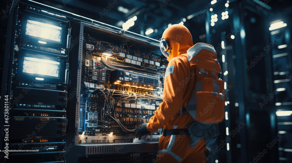 Fototapete an astronaut doing a data center server rack maintenance, floating in space.