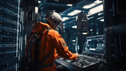 An astronaut doing a data center server rack maintenance, Floating in space.