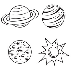 Abstract doodle-style planets, black outline, vector illustration
