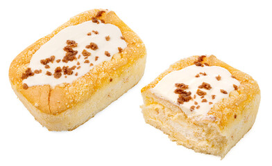 a half and whole mascarpone cake on white background.