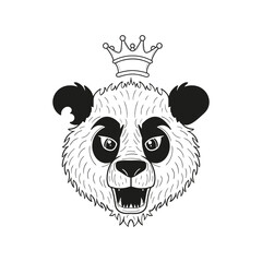 Hand drawn panda head with crown. Line art. Tattoo, sticker, emblem. Vector illustration.
