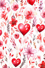 Red Hearts and Floral Pattern Background, Romantic Backgrounds, Valentines Day Background