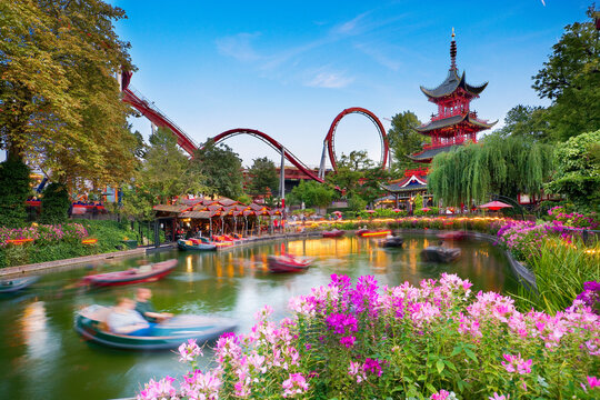Dragon Boat lake in historical amusement park - Tivoli Gardens in Copenhagen, Denmark