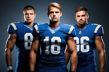 Fototapeta premium Team American football men with blue uniform on dark background.