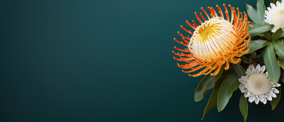 minimalistic blue-green background with leucospermum (pincushion flower), top view with empty copy space