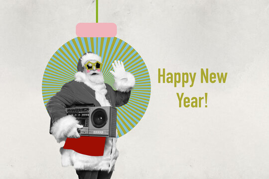 Picture sketch collage image of funky excited santa listening boom box new year carols isolated grey color background