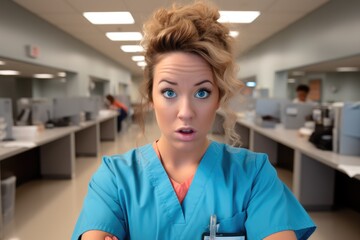 Dental hygienist dressed in scrubs stressed out because she hasn't had a break while at work in a dental office.
