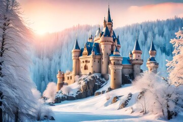 Fairy Tale castle in the winter at sunset. Fantasy landscape, nature - obrazy, fototapety, plakaty