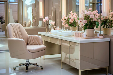 Pink chair and treatment chair at a white table with a mirror in a bright and pastel-colored beauty salon