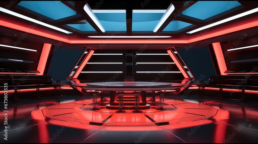 Aufkleber futuristic tv game show studio design with an interview table on stage.