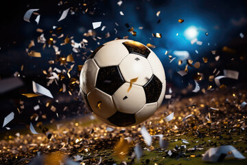 A soccer ball at stadium and confetti streamers.