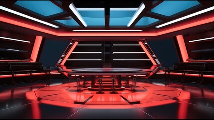 Futuristic TV game show studio design with an interview table on stage. - obrazy, fototapety, plakaty