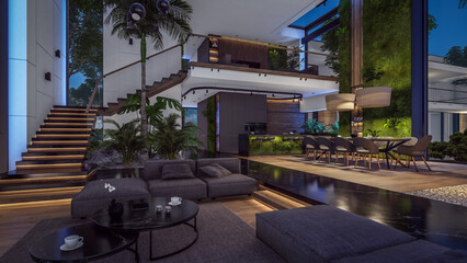 3d rendering of expensive cozy interior with green walls with living dining zone stair and kitchen for sale or rent. Warm interior lighting combined with cold light from night street