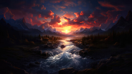 Fantasy landscape with river and mountains at sunset