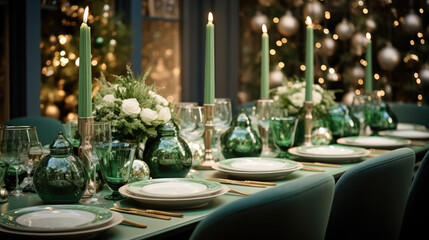 Christmas Dinner, Green Winter Table Decoration for Christmas, Beautiful and Festive Interior at Home.