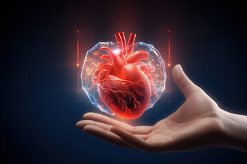 Hand holding virtual hologram heart shape with cardiogram. Concept of heart disease awareness campaign, cardiovascular health, stroke prevention, hypertension (high blood pressure) for heart disease.